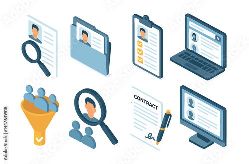 Job search icons set – magnifying glass, resume, profile, contract, funnel