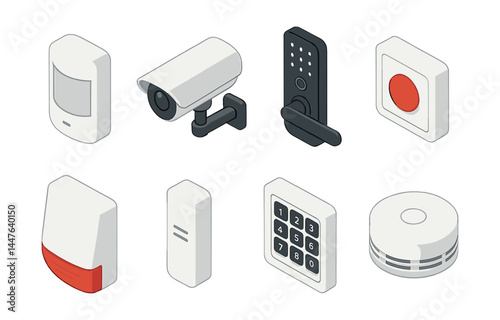 Security devices icons set – camera, sensor, lock, keypad, alarm, detector, button, access control