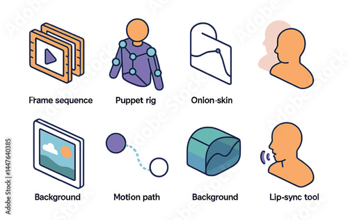Comprehensive animation tools icon set – frame sequence, puppet rig, onion-skin