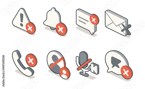 Isometric communication icons set – alert, notification, message, mail, call, profile, microphone, video, megaphone