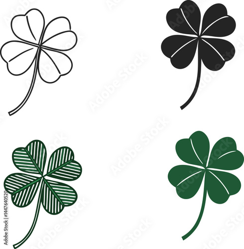 Good luck four leaf clover flat icon set isolated on transparent background