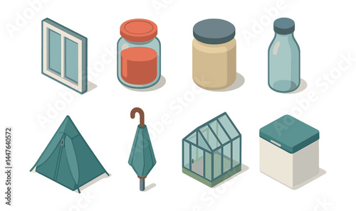 Eco-friendly solutions icons set – window, jar, bottle, tent, umbrella, greenhouse, box