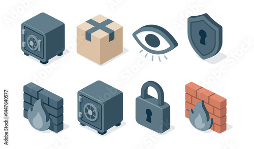 Isometric security icons set – safe, firewall, eye, shield, box, lock