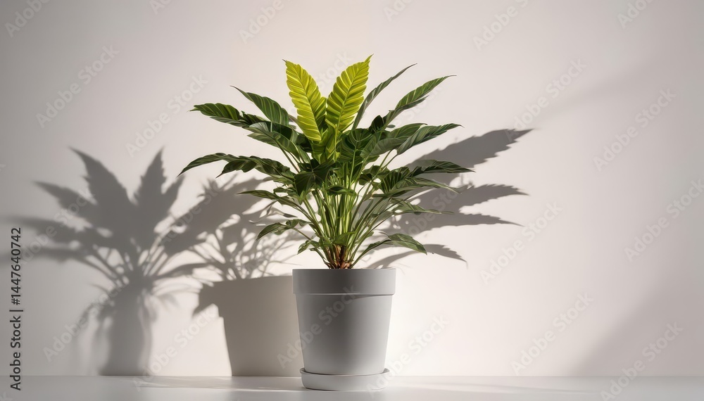 Fototapeta premium Sole potted plant, stark white background, dramatic shadows , home, decor, isolated