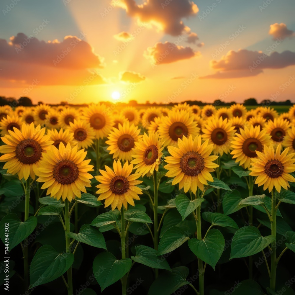 Obraz premium Sun-drenched corn stalks border a sea of sunflowers at sunset , yellow, vibrant, golden hour