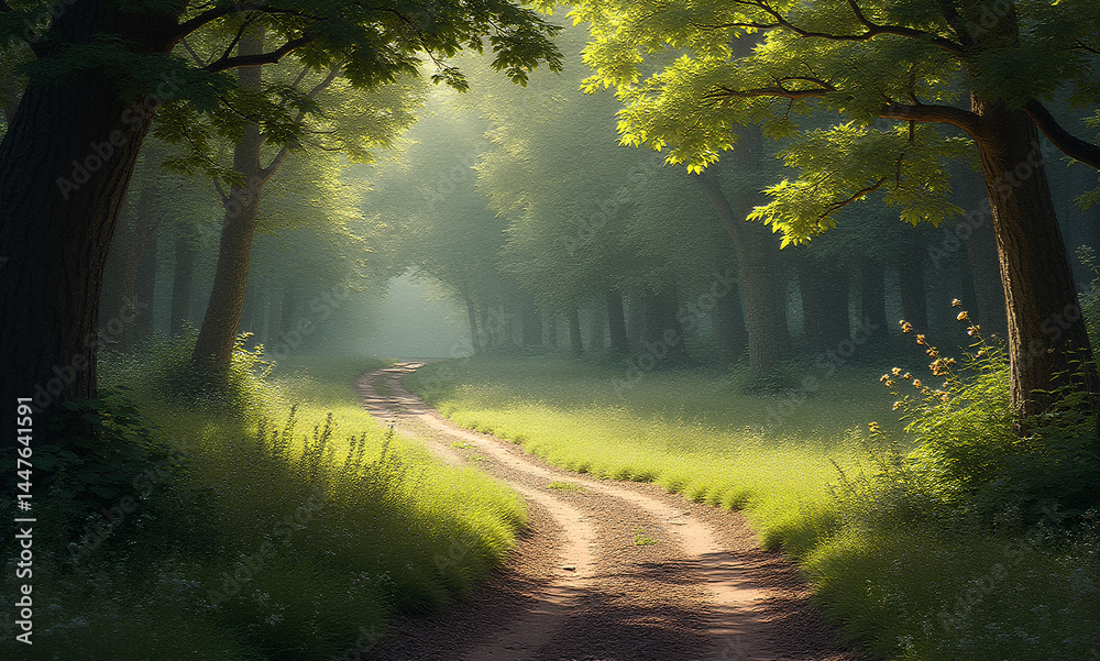 Fototapeta premium high detailed painting effect beautiful landscape road in the morning forest