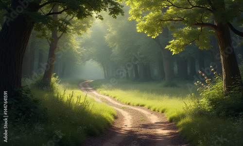 high detailed painting effect beautiful landscape road in the morning forest