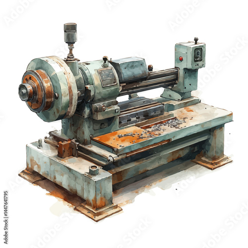 watercolor of Lathe Machine With Metal Shavings, vector, isolated on a white background.