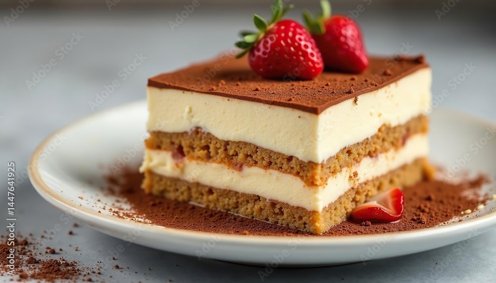 Close-up view of a single serving of tiramisu, showcasing its texture and layers , single serving, coffee flavor Close-up view of a single serving of tiramisu, showcasing its texture and layers , single serving, coffee flavor