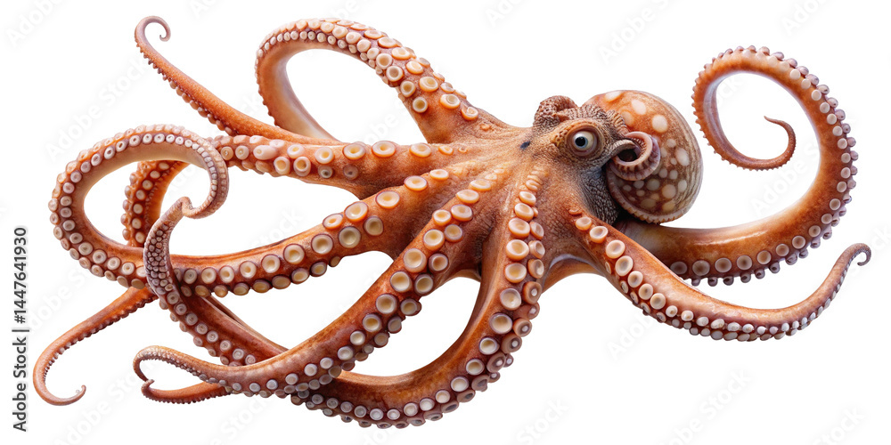 Obraz premium Detailed depiction of a vibrant orange octopus with curling tentacles on black backdrop