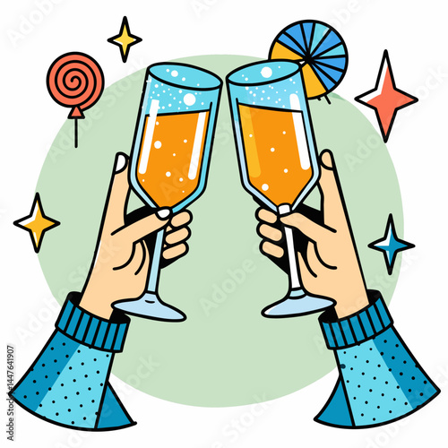 Vector illustration of hands clinking glasses with champagne
