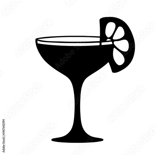 Minimalist black silhouette of a coupe glass with lemon peel garnish symbolizing the Sidecar cocktail