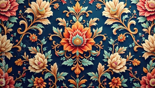 Elegant floral damask textile, intricate scrollwork, design, vintage