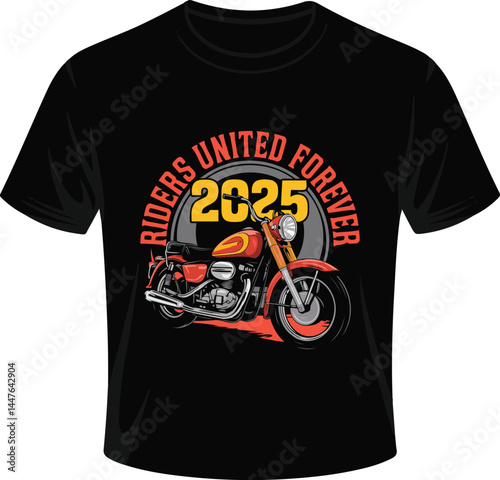 Riders United Forever Motorcycle T-Shirt Design, A black t-shirt featuring a graphic design
