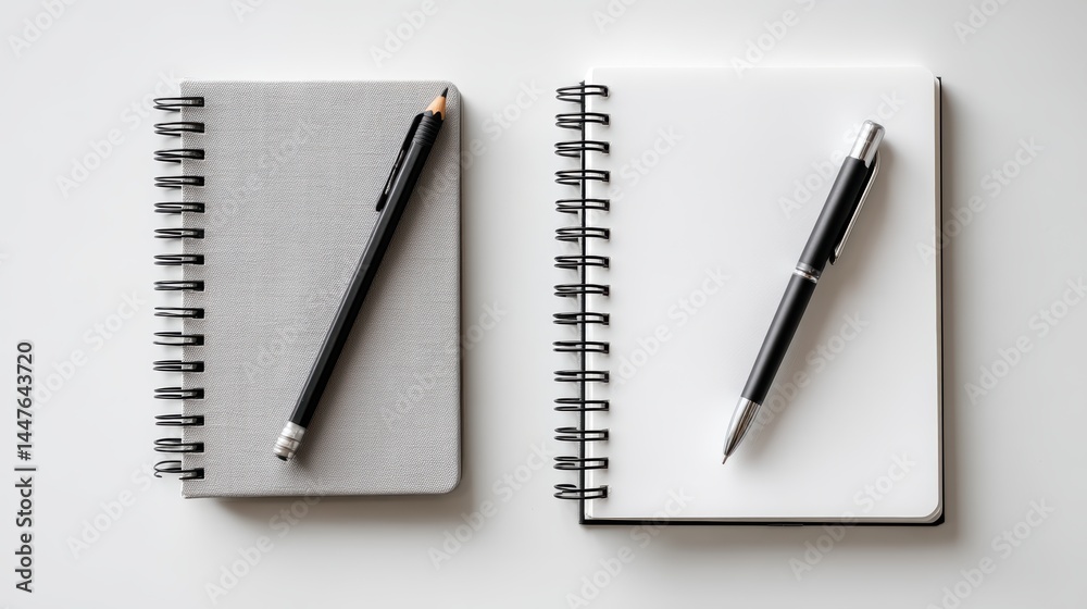Two spiral notebooks with black pencil and pen on white surface Two spiral notebooks with black pencil and pen on white surface