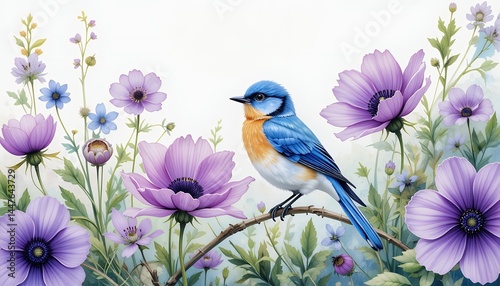 Fototapeta Naklejka Na Ścianę i Meble -  Bluebird Perched Among Purple Flowers