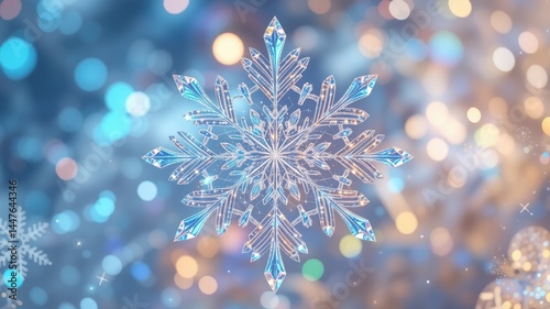 Enchanting Tilt-Shift Snowflake, Iridescent Sparkle on a Glossy Surface