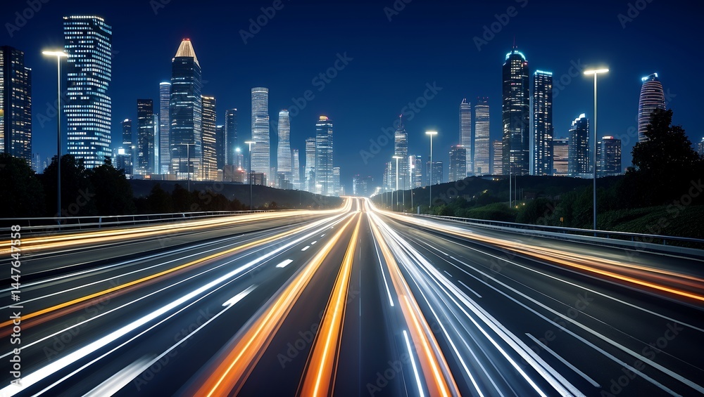 Obraz premium Futuristic night highway with dynamic light trails