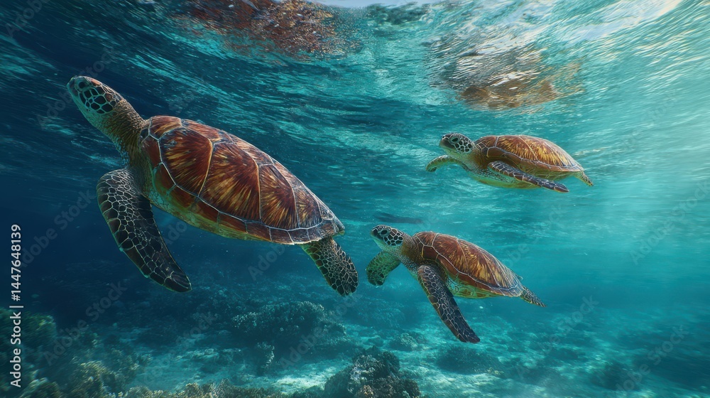 Obraz premium The graceful movement of sea turtles swimming in their natural habitat