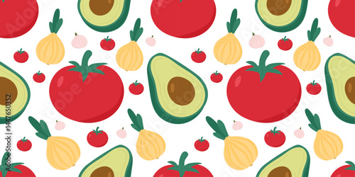 Seamless avocado tomato onion garlic pattern in flat vector style on white background — ideal for vegan food packaging, organic product labels, healthy eating infographics, vegetarian cooking blogs.