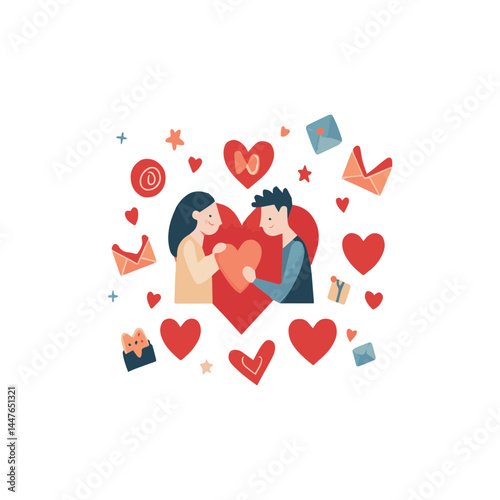 Heartwarming Illustration of Couple Sharing Love with Decorative Hearts, Letters, and Gifts for Romantic Themes
