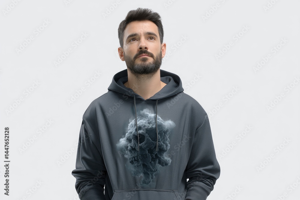 Obraz premium Man in Grey Hoodie with Skull Cloud Graphic