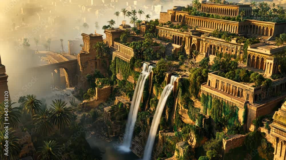 Fantasy installation of the Hanging Gardens of Semiramis with monumental Babylonian terraces, cascading waterfalls, lush vegetation and arched structures. 4K video