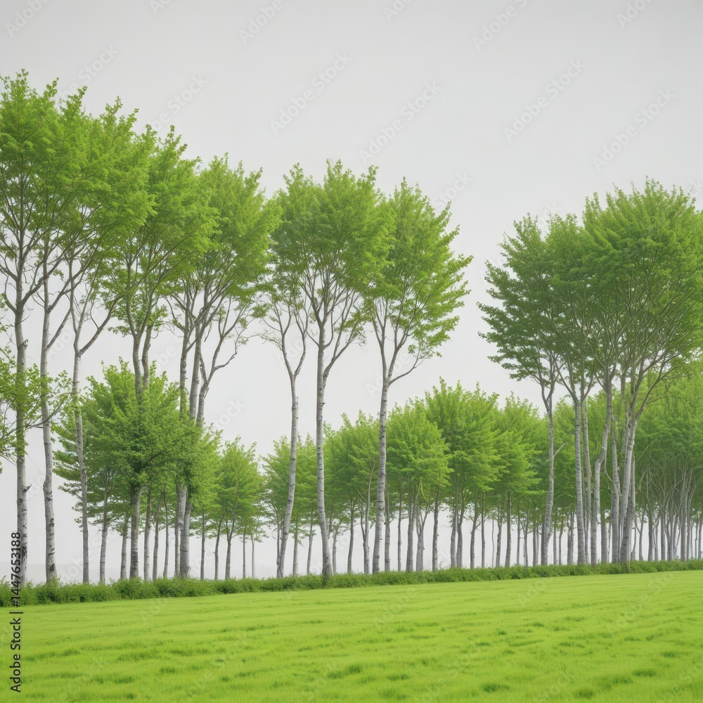 Obraz premium Vibrant green trees forming a straight line, stark white backdrop , peaceful, forest, photo