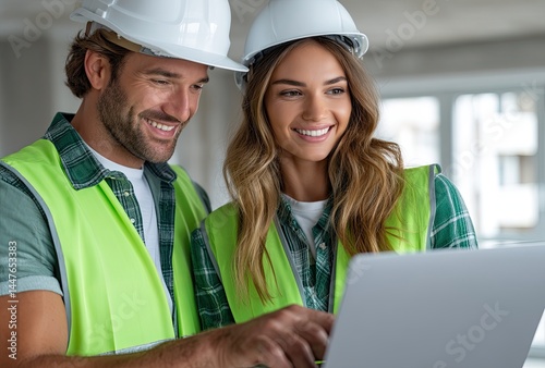 Attractive, smiling young man and woman wearing white helmets, holding a laptop in their hands, standing in casual wear uniforms and jackets in a new apartment
