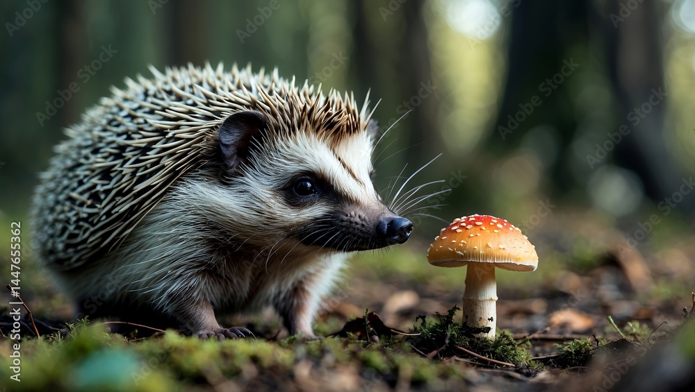 Fototapeta premium Hedgehog curiously approaches mushroom in forest depths