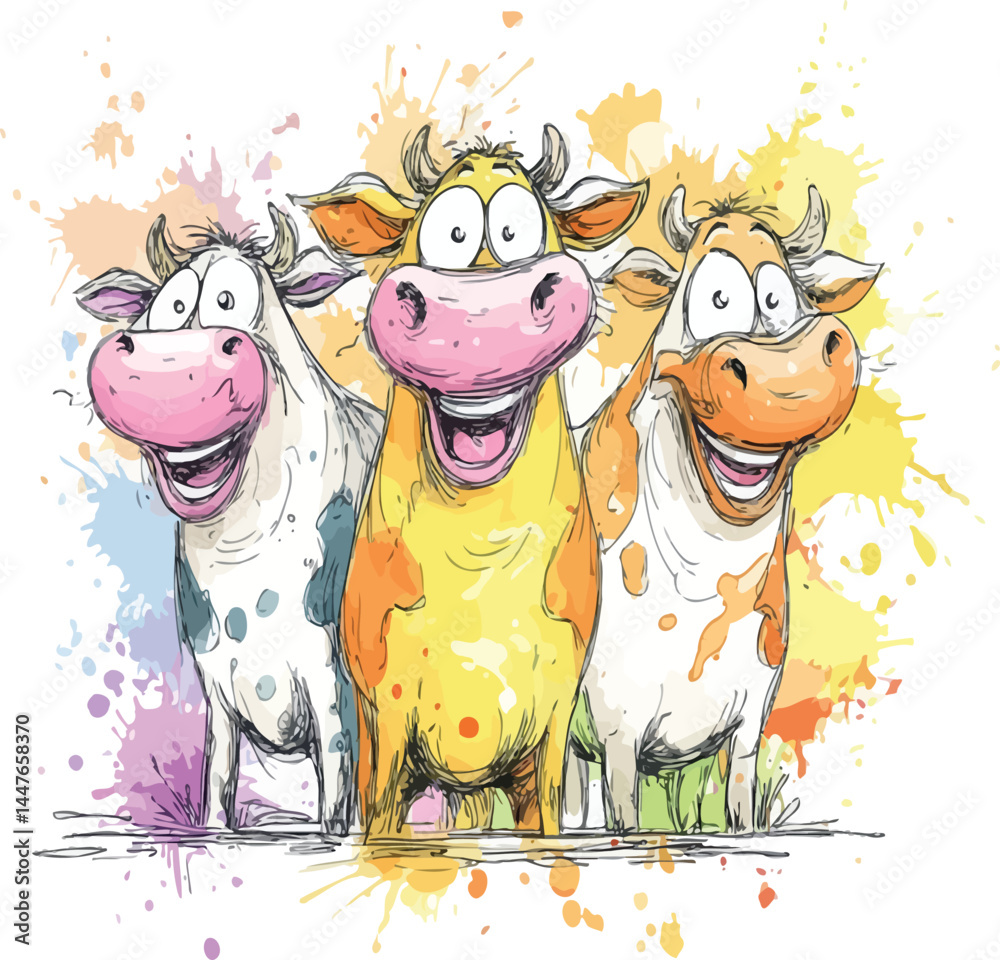 Naklejka premium Watercolor Funny Cows Clipart – Whimsical Farm Animal Illustrations for Sublimation and T-Shirt Design