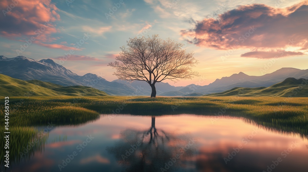 Fototapeta premium Lone tree stands on the bank of a calm lake reflecting the colorful sunset sky and surrounding mountains, creating a tranquil and picturesque scene