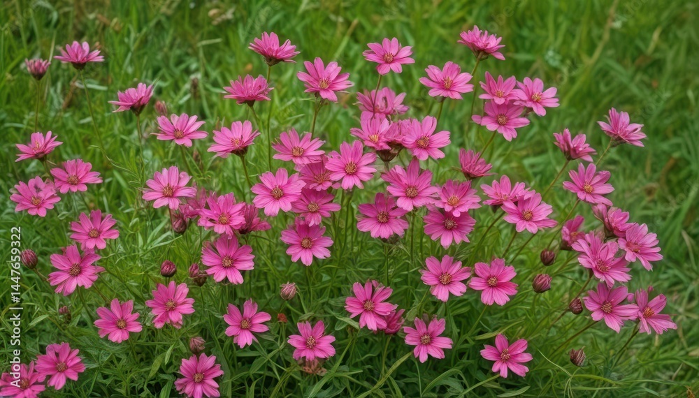 Cluster of pink wildflowers blooming in green grass, floral, closeup, pretty Cluster of pink wildflowers blooming in green grass, floral, closeup, pretty