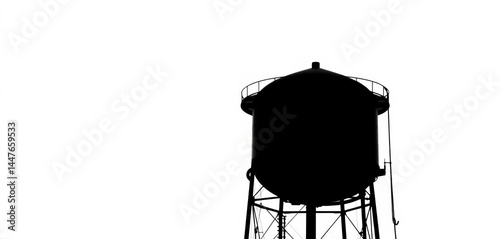 Black silhouette of a metal water tower with an oval tank, set against a white background,  industrial,  reservoir