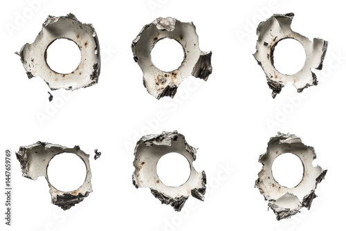 Set of metal bullet holes displayed in transparent PNG image format with clean white background