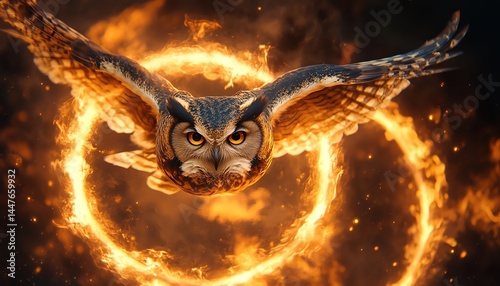 Owl in magician s hat flying through rings of fire