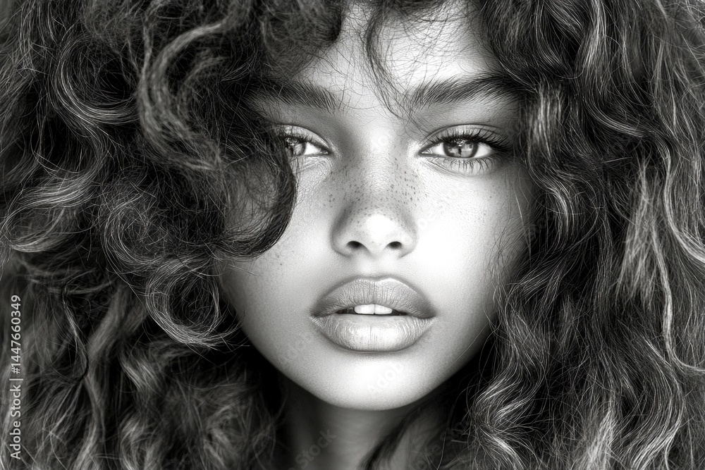 Long hairdo - curly hair. Pretty calm mixed-race girl - for ads, flyer and social apps use. Commercial commercial graphic. Colored hair portrait inspiration. African american style portraits.