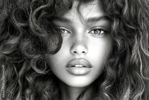 Obraz na płótnie Long hairdo - curly hair. Pretty calm mixed-race girl - for ads, flyer and social apps use. Commercial commercial graphic. Colored hair portrait inspiration. African american style portraits. w salonie