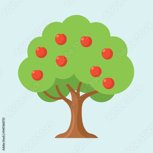 Cartoon apple tree with many red ripe apples on light blue background