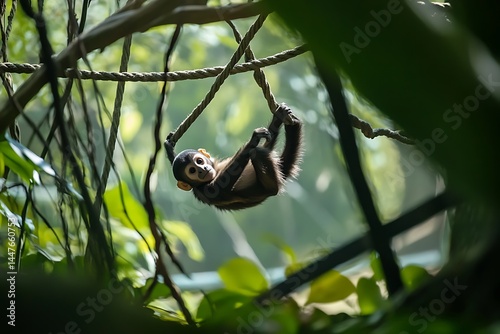 Capuchin monkey swinging between jungle vines