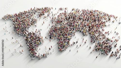 Large diverse crowd forms shape of world map symbolizing global unity in motion design video