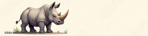Cute cartoon rhino drawing with large horn and textured skin, wildlife, cartoon