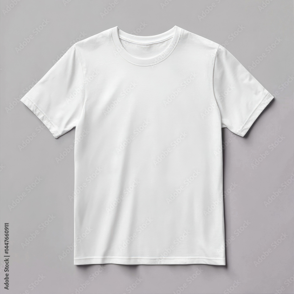 Plain white crew neck short sleeve t-shirt. A simple, blank, white tee resting on a neutral background Plain white crew neck short sleeve t-shirt. A simple, blank, white tee resting on a neutral background