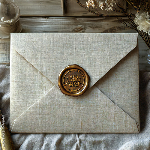 A mockup of an envelope design with a wax seal and premium paper texture