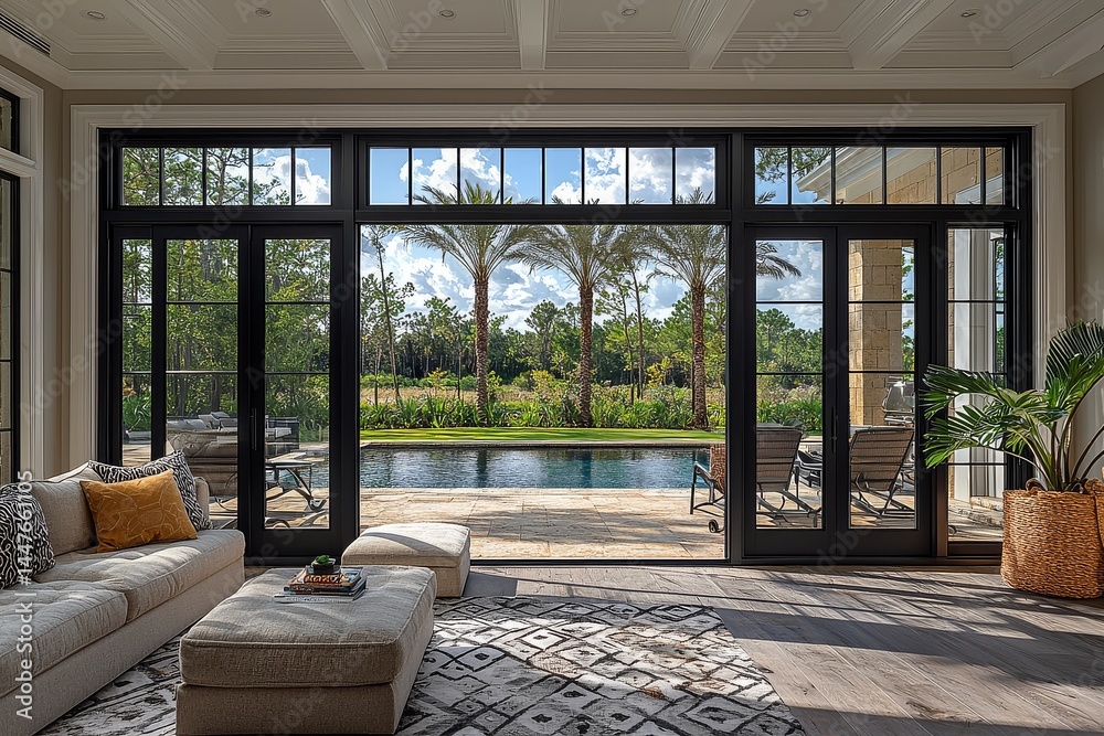 Obraz premium Elegant living room with large multi-paned sliding glass door, black frames, overlooking palm trees and a swimming pool with daytime views.