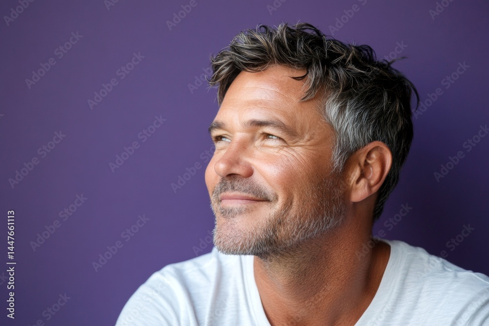 A glowing and peaceful man expressing warmth. Concept layout of style for aging men. Purple solid background. Modish men's side part haircut - midlife white man with hair.