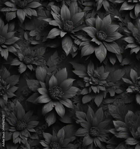 Intricate charcoal floral pattern; abstract botanical wallpaper, romantic, deep, dramatic