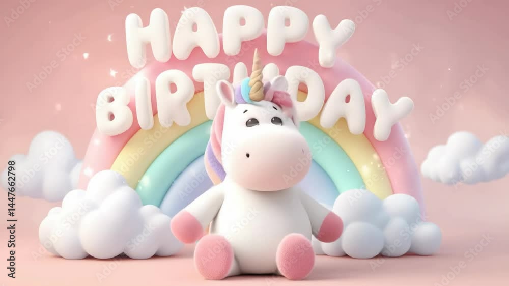 Cute pastel 3D unicorn with rainbow and Happy Birthday text in dreamy animated celebration video