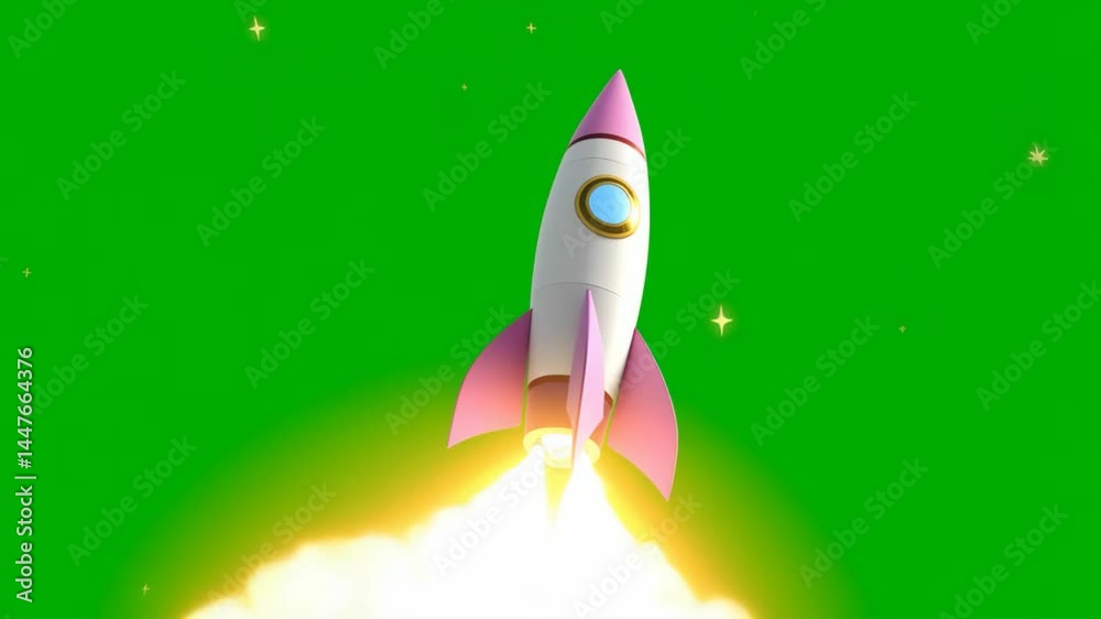 3D cartoon rocket blasting off with flames and smoke on green chromakey screen 3D cartoon rocket blasting off with flames and smoke on green chromakey screen