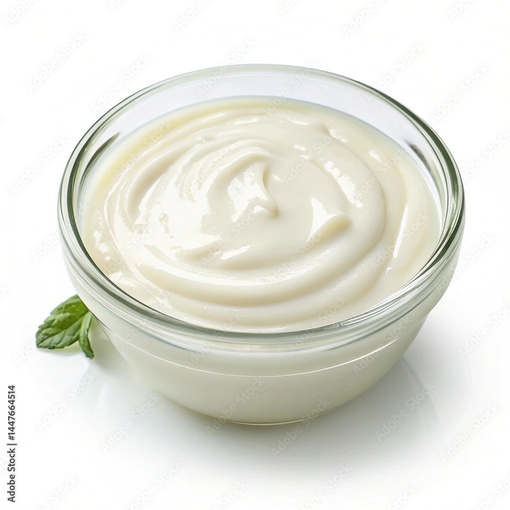 yogurt with sour cream on glass bowl on a white background yogurt with sour cream on glass bowl on a white background